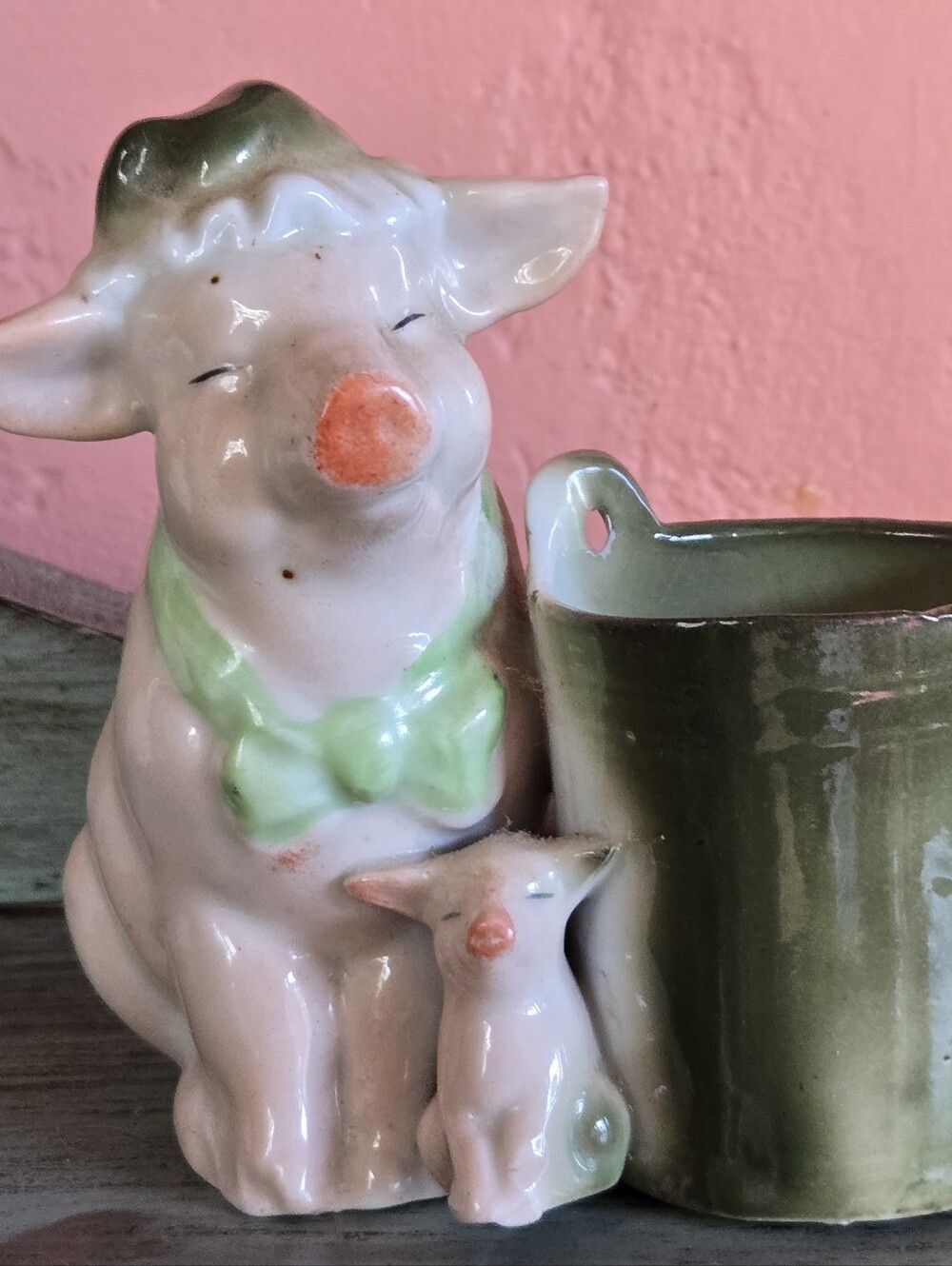 Antique German Porelain Handpainted Mother Pig Toothpick Holder Planter